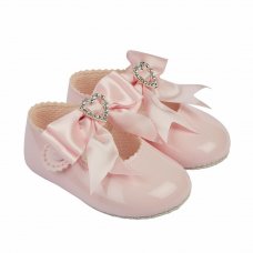 B062: Baby Girls Bow & Diamante Heart Soft Soled Shoe-Pink (Shoe Sizes: 0-3)
